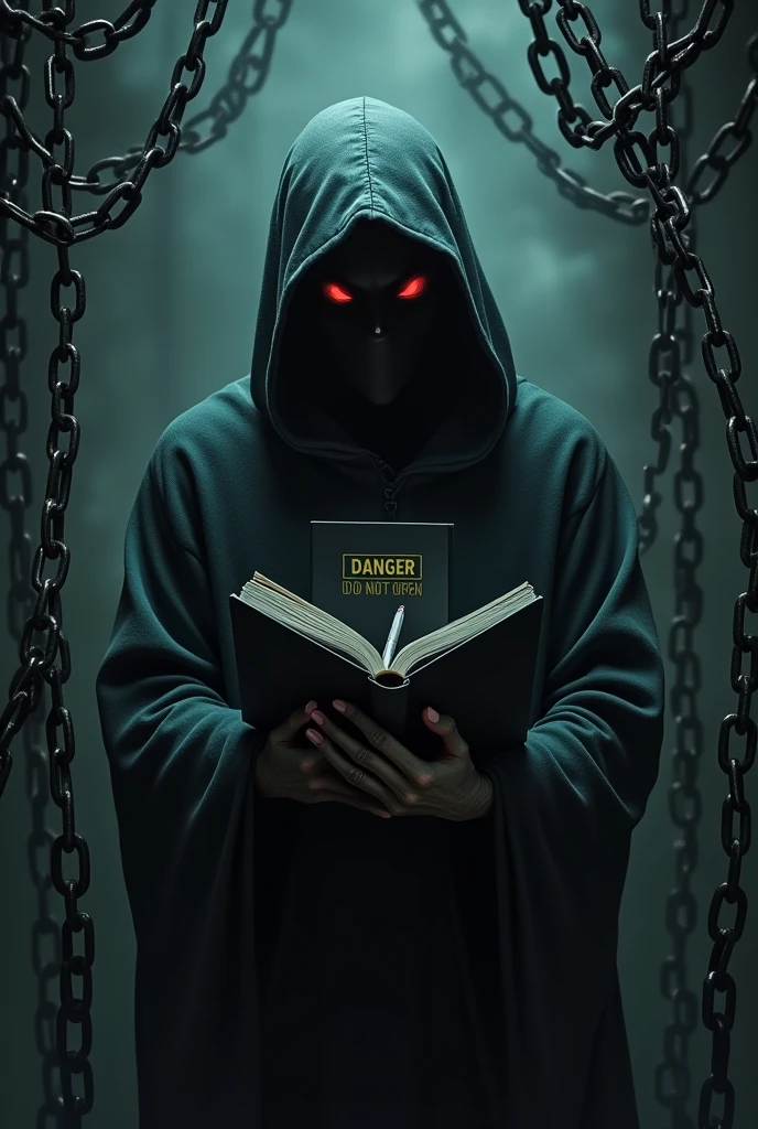 Create an image And put a hooded being, with glowing red eyes in the chained background. In one hand a dark notebook, in the other hand a pen, both chromed and melting.
And a warning from "danger do not open"