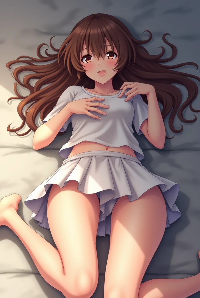 Brown haired anime girl in miniskirt lying down with her legs apart 