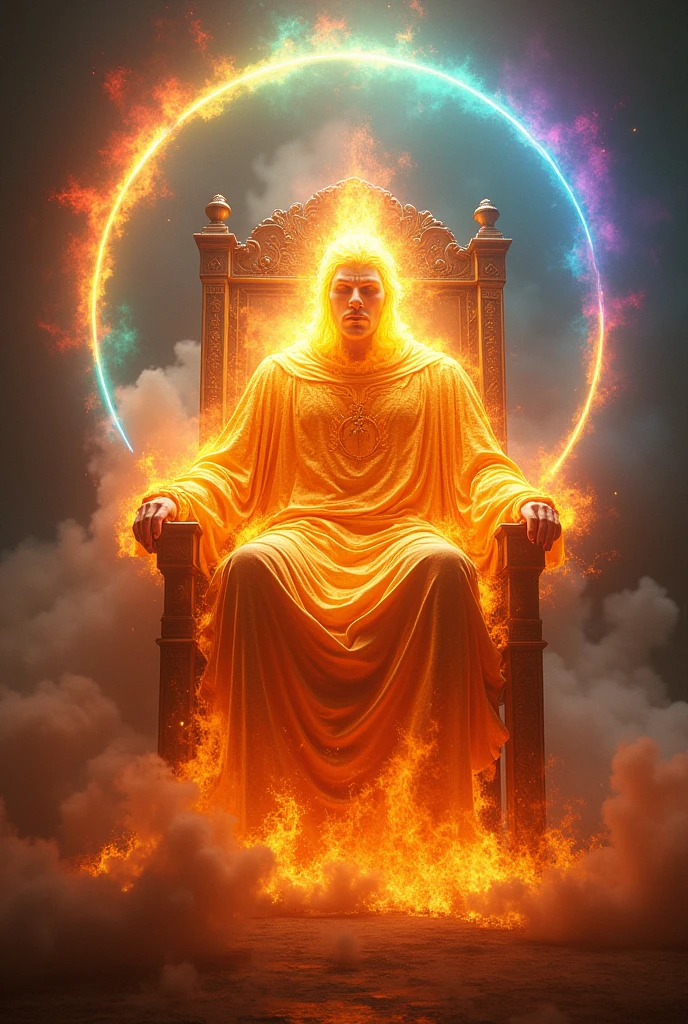 Large white marble throne with seated god with fire head