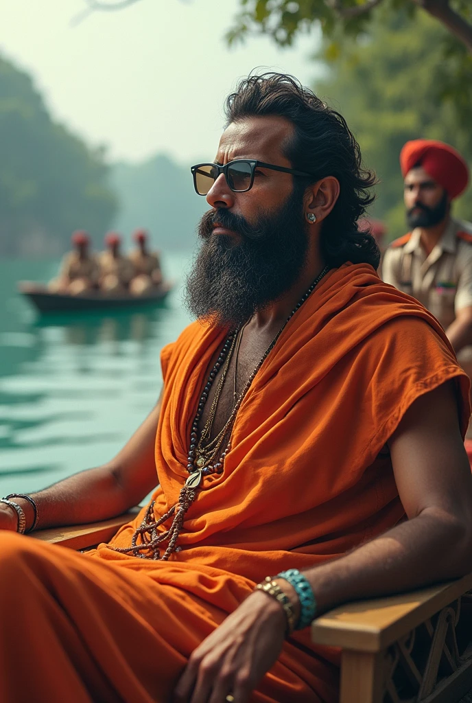 A bearded gentleman sits on a boat wearing a lungi, glasses on his eyes.
There are some soldiers on the boat.