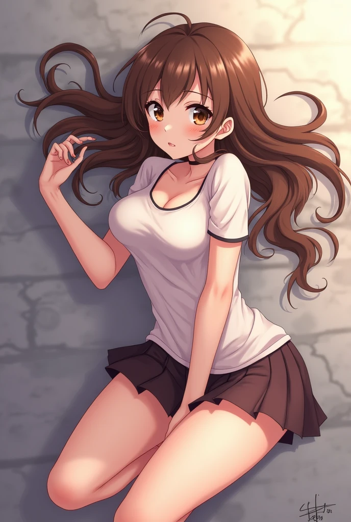 Brown haired anime girl in miniskirt lying down with her legs apart 