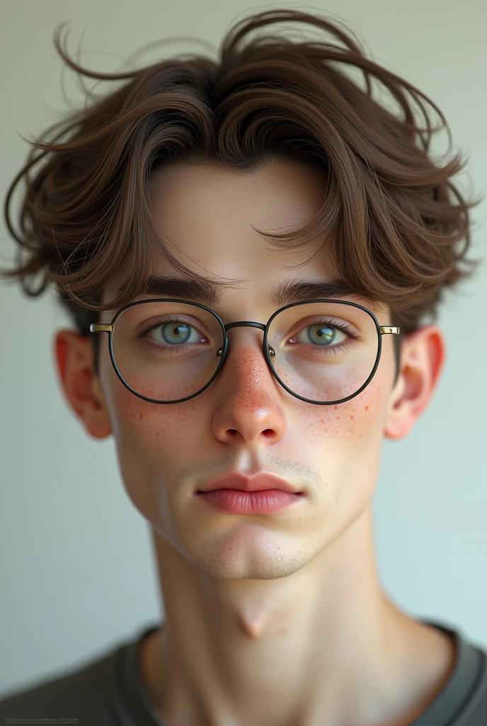 (photorealism:1.2) Pale boy, 20 years old light brown hair, disheveled, mod-cut Round almond-shaped eyes in light blue, long eyelashes and very thin eyebrows. glasses.
nose respingada, thick and soft upper lip, straight white teeth, freckles on the cheekbones, nose, shoulders, elbows, hands, knees oval face, good facial development, low facial fat,marked jaw Thin
