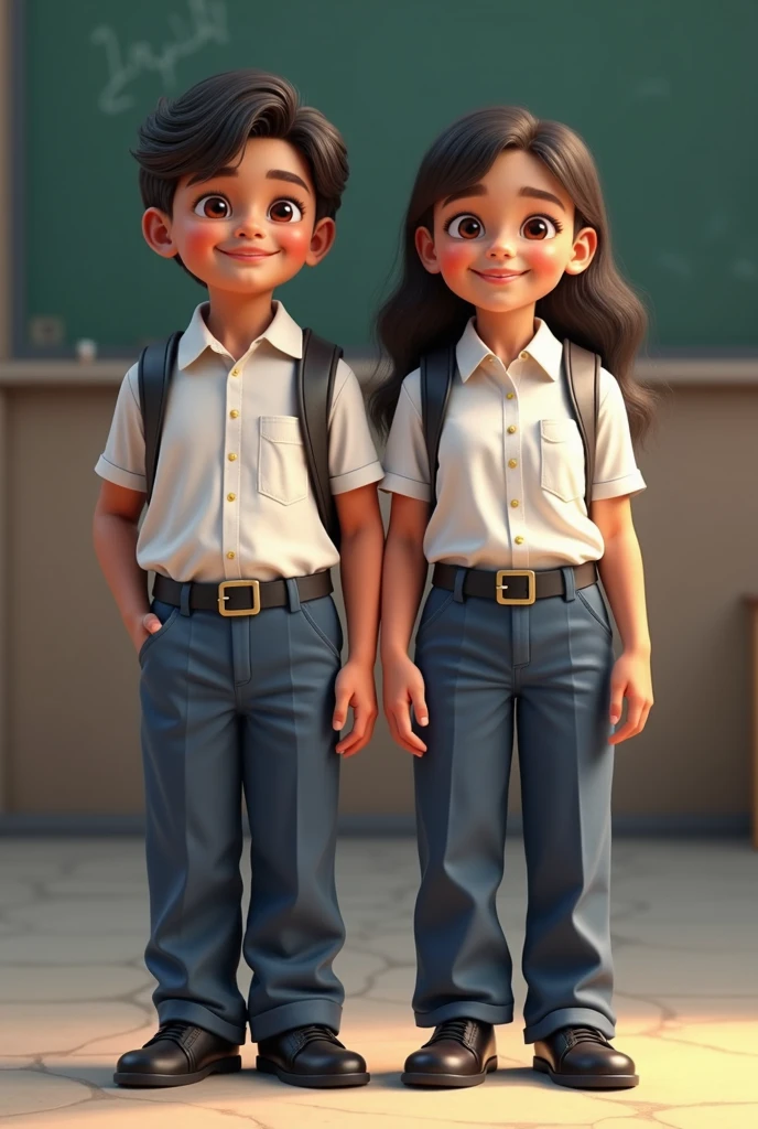 Venezuelan boy and girl from primary school, both wearing white button-down shirts and blue pants, with black belt and black shoes