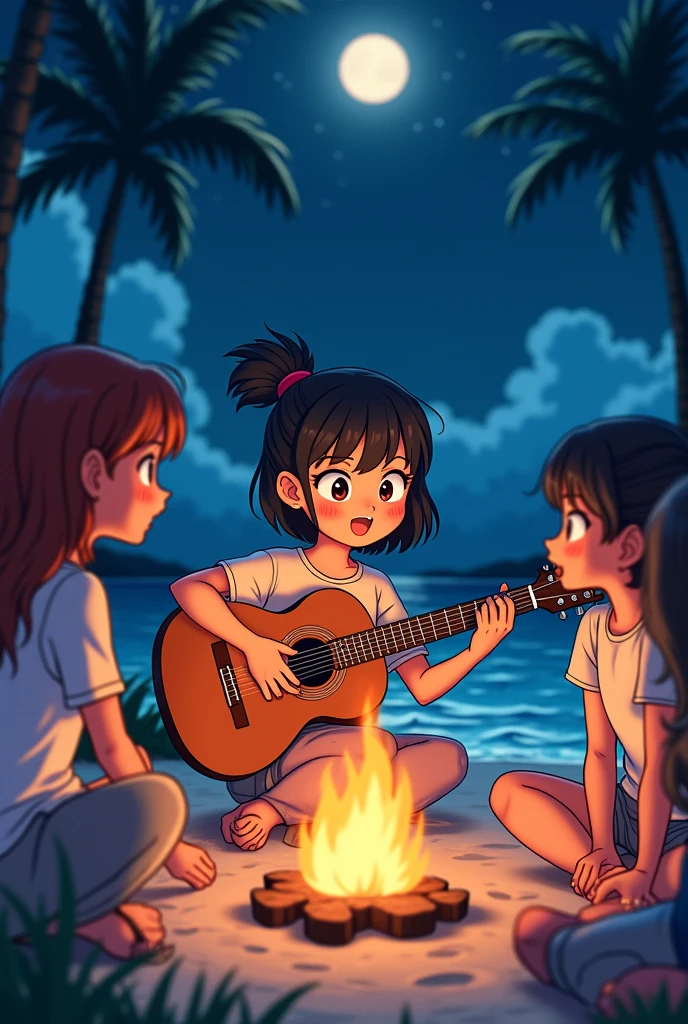 girl playing guitar with friends around the bonfire on the beach at night with the starry sky and the moon shining , アニメ
