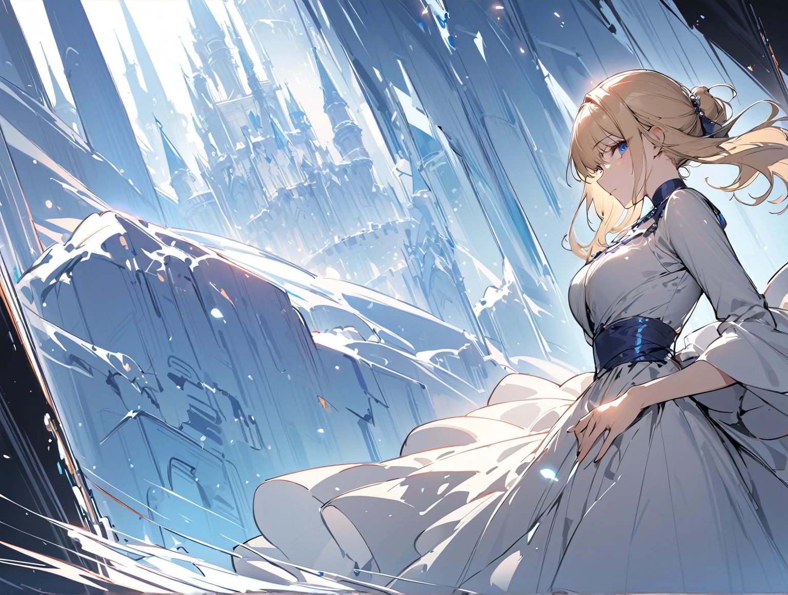 masterpiece, acura, 1girl, solo, elegant dress, long blonde hair, ice castle background, line drawing, looking at viewer, blank expression, blue eyes, profile-close up photogenic pose ((sketch)),from side,((dynamic angle)),((dynamic pose)),