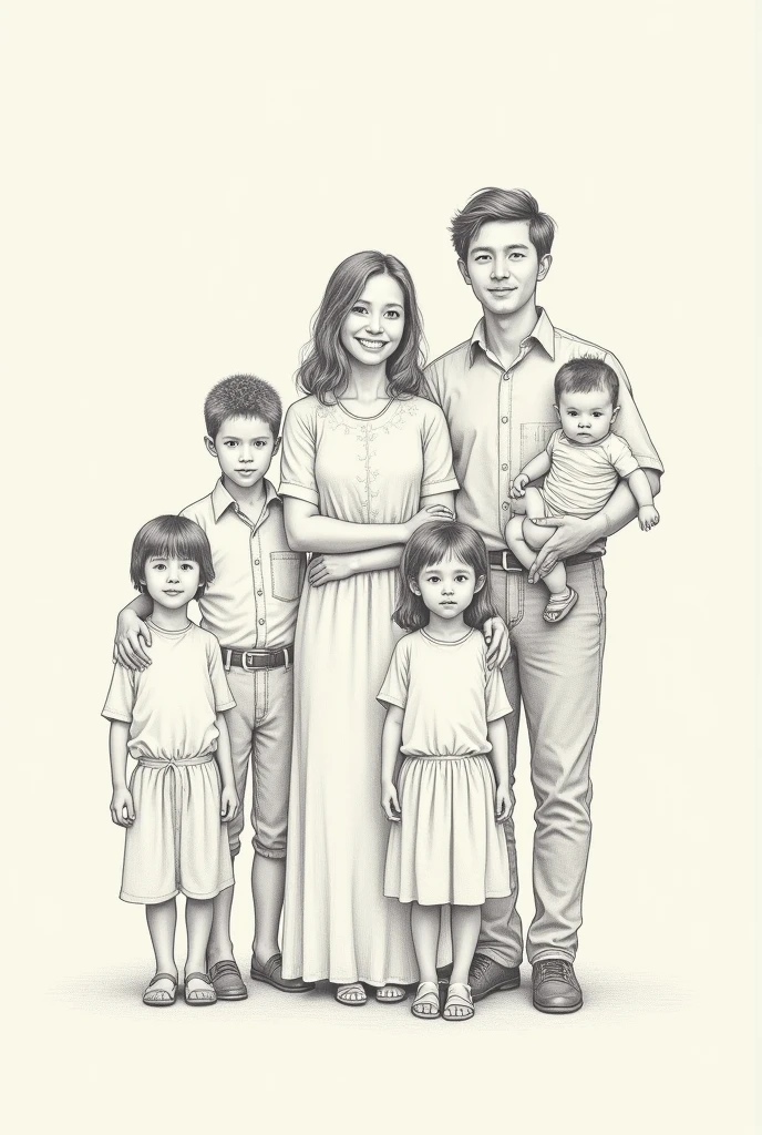 Family with 5 children, boys and a baby , dressed modestly, mother dressed in skirt in pencil drawing