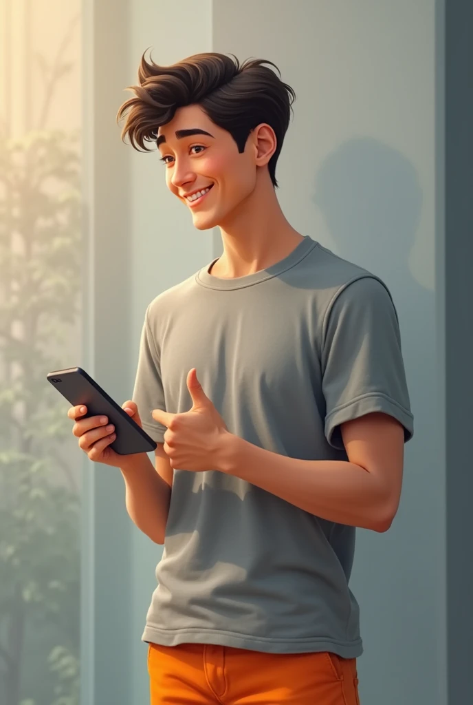 young man leaning to the right, showing his cell phone, Grey shirt, orange pants, and showing his thumb up