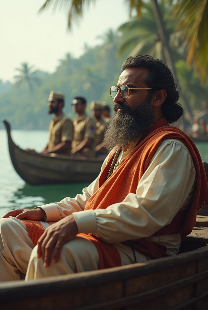 A bearded gentleman sits on a boat wearing a lungi, glasses on his eyes. 
There are some soldiers on the boat.