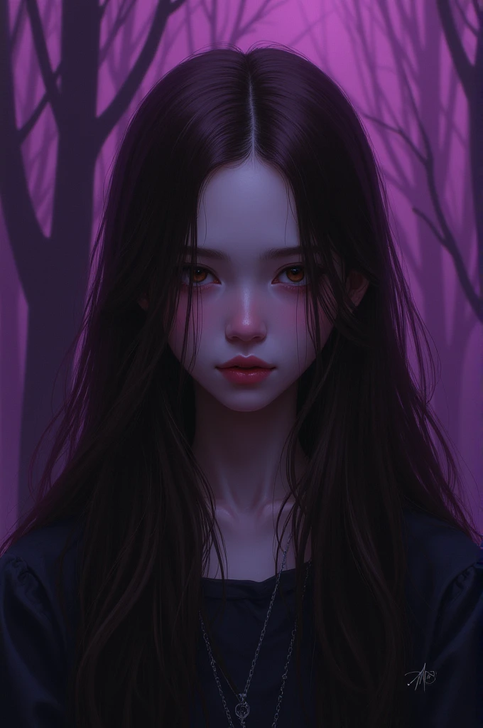 1 girl, Long hair, Brown hair,
Persian purple, emo clothing, masterpiece, of the highest quality, Alone
