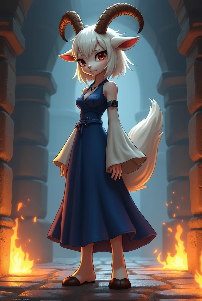 [toriel], [undertale], [Loaded for e621.liquid; (Pixelsketcher), (wamudraws), (wool)], ((work of art)), ((High definition)), ((high qualiy)), ((solo portrait)), ((rear view)), ((visible feet)), ((velues; anthropo)), ((skin detailed)), ((detailed shading)), ((beautiful rendering art)), ((details Intricate)), {anthropo goat; white fur, white nose, (beautiful bright brown eyes), (short eyelashes), (short horn of goat), short fluffy tail, (medium breasts), (beautiful wide hips), (thick-thighs), (showing beautiful feet), (unexpressive), (scowl)}, {(long indigo dress), (long white sleeves)}, {(going), (arms at side), (looking over his shoulder), (looking ahead at viewer)}, [fund; (Stone corridor), (flames), (ambient lighting)]