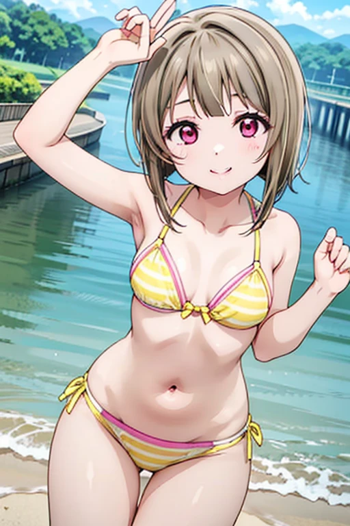 lovelive、Kasumi Nakasu、Yellow-brown hair、Bobcut、short hair、Asymmetrical bangs、Long left bangs、Red Eye、Riverbank、Yellow Bikini、cute、smile、View your viewers、Clear skies、Depth of written boundary、Ray Tracing