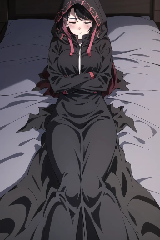 NNAssassinFSF, 1girl, solo, black hair, long cape sleeves, sleeves covered hands, long skirt, robe dress, long cape, cape, black cloak, hood up, black robe, covered mouth, white gloves, hooded cloak, ((masterpiece, best quality)), from below, bed, lying down, eyes closed, blush, hugs