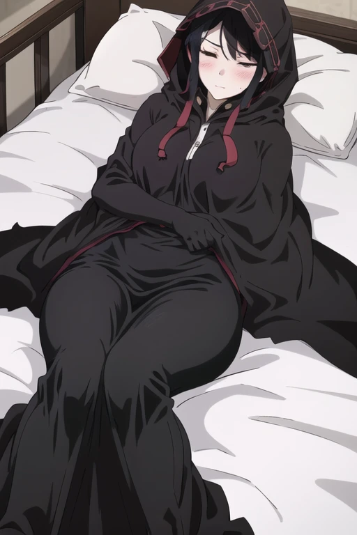 NNAssassinFSF, 1girl, solo, black hair, long cape sleeves, sleeves covered hands, long skirt, robe dress, long cape, cape, black cloak, hood up, black robe, covered mouth, white gloves, hooded cloak, ((masterpiece, best quality)), from below, bed, lying down, eyes closed, blush, hugs