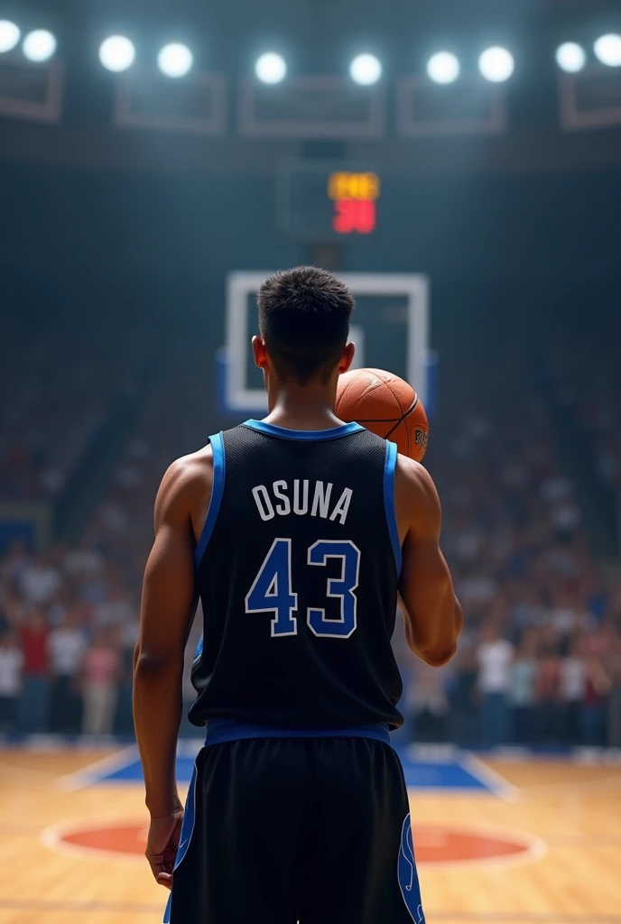 Young man turning his back, of some 23 years, with 1.93cm tall,  with black basketball jersey and details in the form of blue circles, with the number 43, Shooting a three-point shot from midcourt with the surname Osuna, combed back
