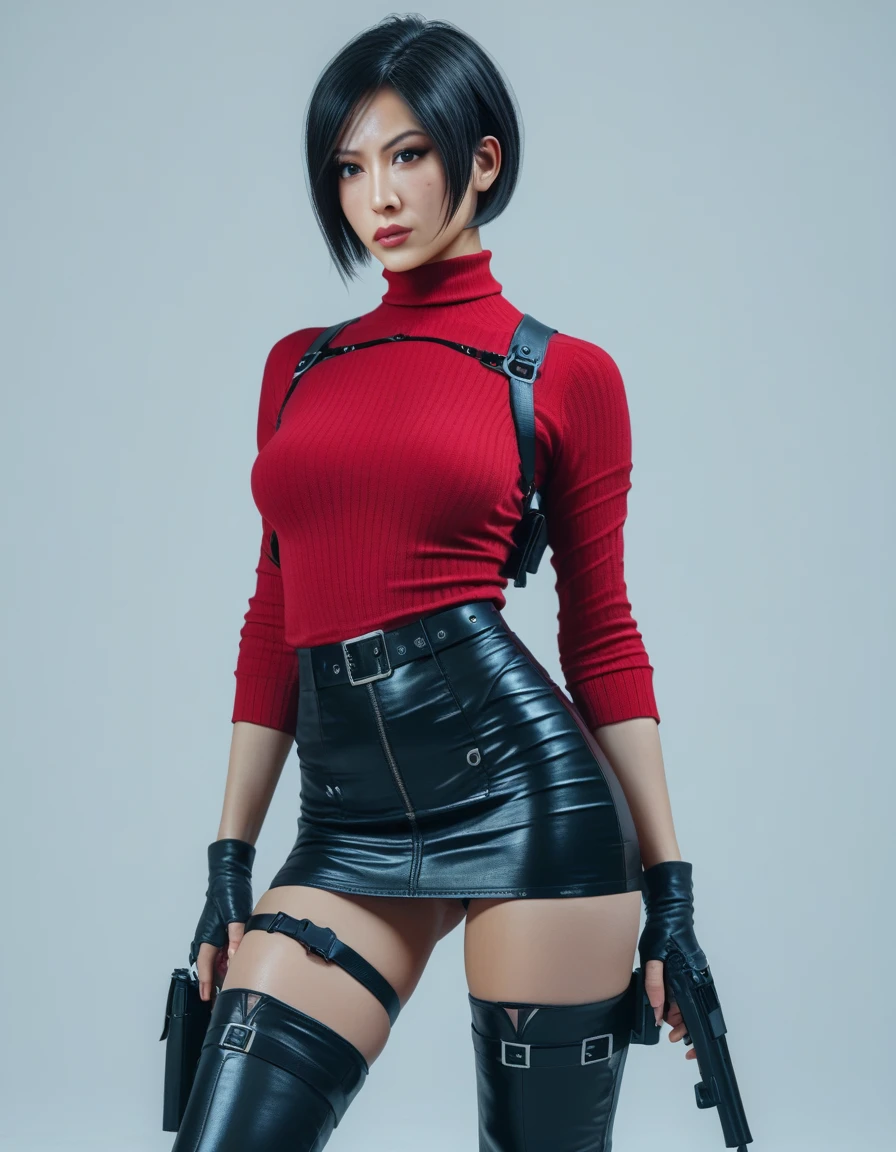 Digital illustration of a female character Ada Wong with a confident posture. She has a fair skin tone, short sleek black hair, and a serious facial expression. She is dressed in a long-sleeved red sweater dress, with black leather harness and gloves. The outfit is completed with a gun holster on the right thigh and a scabbard, both attached to a black belt. She is also wearing thigh-high black leather boots. The background is solid black, making the character the focal point of the image, anime, anatomically correct, super detailed, high quality, 4K, high details, super detailed, 4