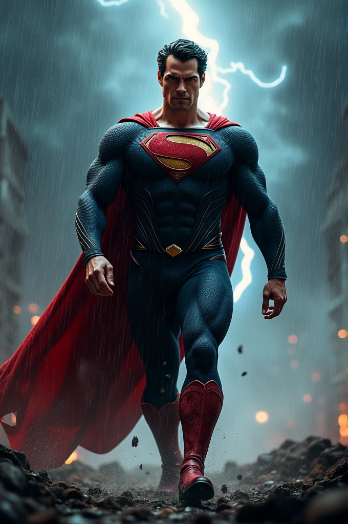 Superman tough walk with lighning rain and thunder 