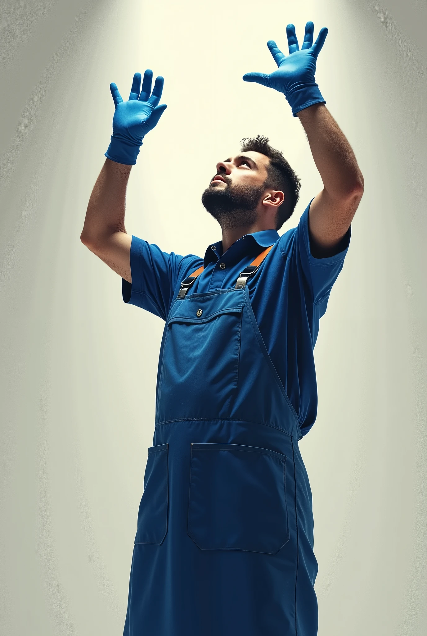 man in profile, raising his arms above his head receiving something with his open and separated hands, wearing his blue gloves, Blue mechanic's apron, blue shirt
