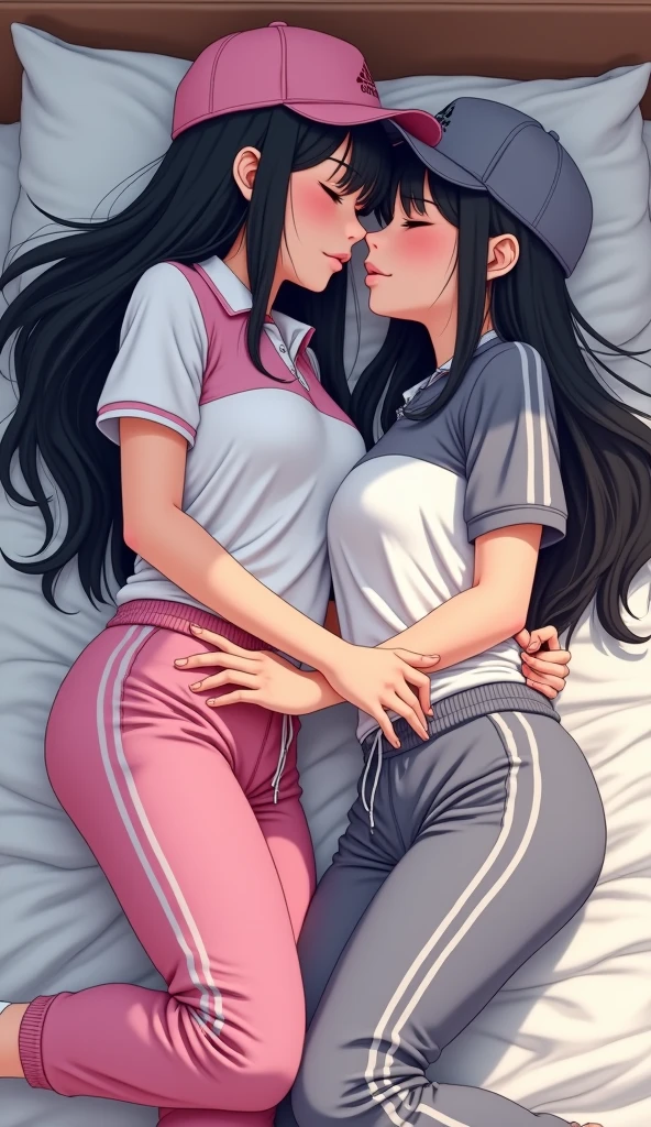 Two girls long black hairs, yuri
The first girl wear a white pink polo shirt pink shirt collar pink sleeves, pink cap, pink adidas sweatpants with three white stripes, black underpants, white socks.
The second girl wore a white grey polo shirt grey shirt collar grey sleeves, grey cap, grey adidas sweatpants with three white stripes, black underpants, white socks.
The hem of their polo shirt was tucked into their pants.
The first girl used her hand reach to inside the grey sweatpants of the second girl and insert finger into the vagina of the second girl.
Hot sex love scene, kissing on the bed, sensual body, hugging, closed eyes, lying on the bed, bedroom, novel cartoon, 4K, HD