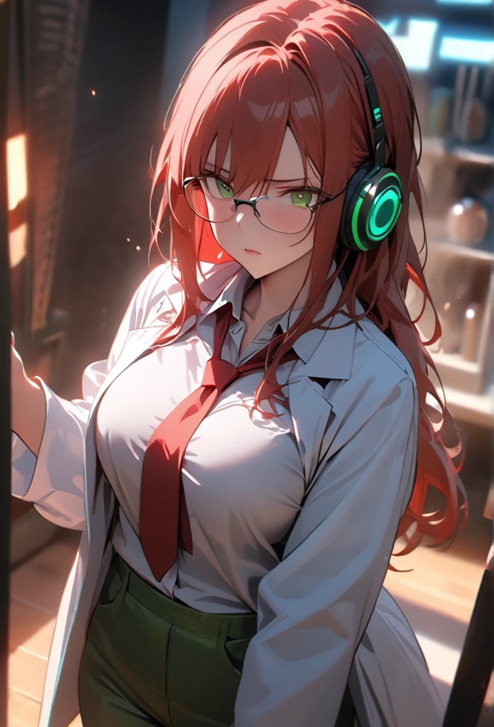 1 woman, long hair red, red hair, glasses, lab coat, white shirt, big breasts, green pants, green headphones, angry, kobayashi hair, red tie, green eyes,, medium length hair, pretty, tall, emotionless, tired, tsundere, middle long, light green eyes, high detail, masterpiece, super detail, high details, high quality, best quality, pretty, tall, emotionless, ((femenine)), ((male face)), handsome, solo, looking at viewer, light, 1girl, 4k quality,cinematic lighting, ray tracing, depth of field, cinematic lighting, ray tracing, UHD, high details, best quality, highres, high quality, award winning, super detail, masterpiece, 8k, UHD, high details, best quality, highres, high quality, award winning, super detail, masterpiece, 8k, digital art, anime coloring, full body, body shot, good face, perfect face, detailed face, good eyes, lab background, neon lights