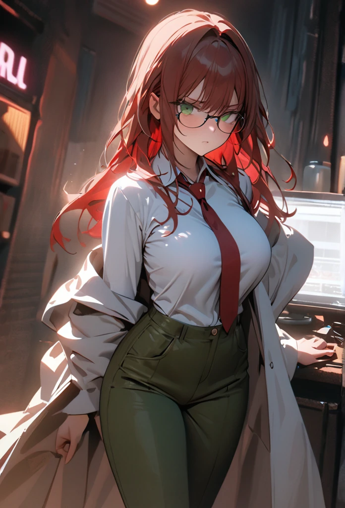 1 woman, long hair red, red hair, glasses, lab coat, white shirt, big breasts, green pants, green headphones, angry, kobayashi hair, red tie, green eyes,, medium length hair, pretty, tall, emotionless, tired, tsundere, middle long, light green eyes, high detail, masterpiece, super detail, high details, high quality, best quality, pretty, tall, emotionless, ((femenine)), ((male face)), handsome, solo, looking at viewer, light, 1girl, 4k quality,cinematic lighting, ray tracing, depth of field, cinematic lighting, ray tracing, UHD, high details, best quality, highres, high quality, award winning, super detail, masterpiece, 8k, UHD, high details, best quality, highres, high quality, award winning, super detail, masterpiece, 8k, digital art, anime coloring, full body, body shot, good face, perfect face, detailed face, good eyes, lab background, neon lights