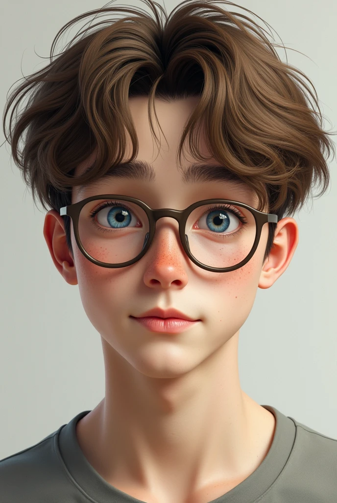 (photorealism:2.5) Pale boy, 20 years old light brown hair, disheveled, mod-cut Round almond-shaped eyes in light blue, long eyelashes and very thin eyebrows. glasses.
nose respingada, thick and soft upper lip, straight white teeth, freckles on the cheekbones, nose, shoulders, elbows, hands, knees oval face, good facial development, low facial fat,marked jaw Thin