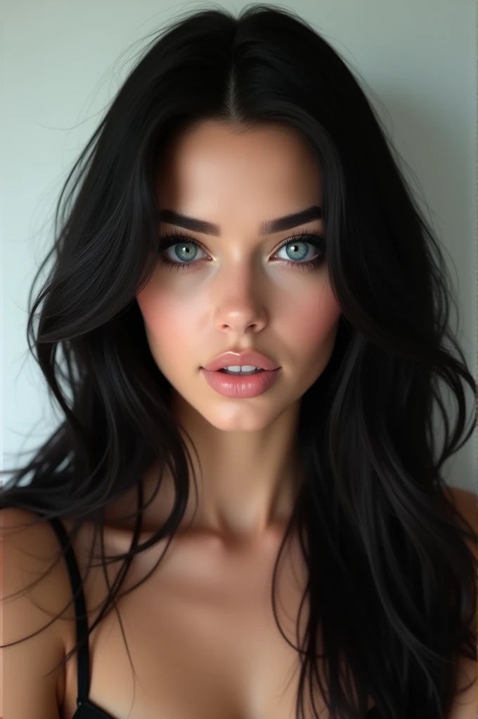 A beautiful stunning white woman with blue eyes and dark hair, make her very attractive but realistic beauty that’s believable.