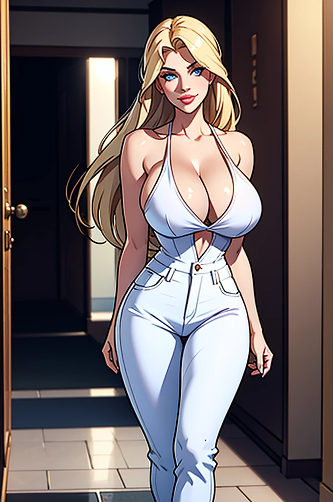 A beautiful busty blonde straight-haired blue eyed woman resembling like Anna Nicole Smith, 2, wearing tight white shirt showing cleavage, and denim trousers, having humongous and enormous tits, highlighting her curves, smiling, seductive, walking through the corridors of the university campus, photorealistic, 8k, highly detailed, dramatic lighting, cinematic composition, elegant fashion, glamorous, intricate details, hyper realistic