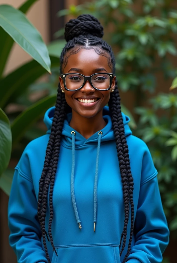 (photorealism:1.2), beautiful black African woman,22 years,sharp boobs, smiling wearing a fitting blue hoodie,long braids,oversized photo chromatic glasses, standing , plants in background