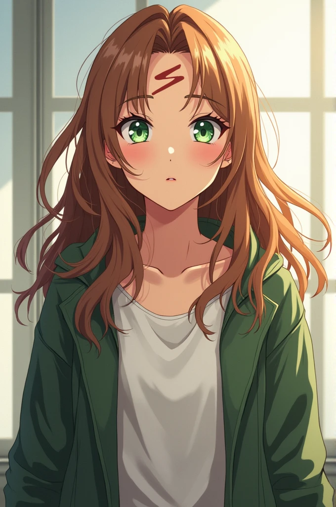 Female teenager,Wavy hair,Caucasian skin, scar on the right side of the forehead,green eyes average height, full body anime drawing 
