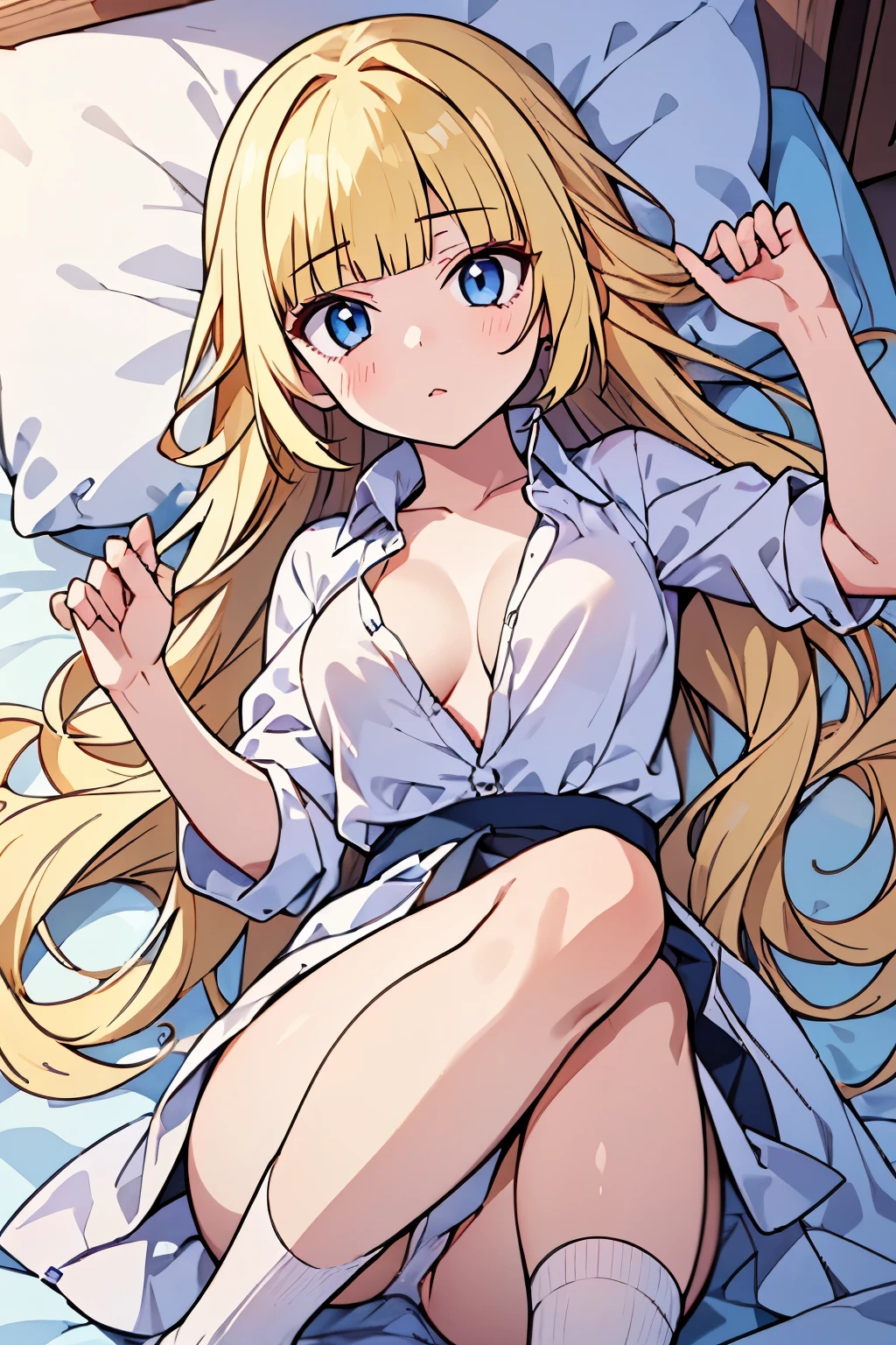 solo girl, (young female body:1.4), ( medium small breasts), knee length hair, yellow long hair, voluminous wavy very long yellow hair, extra long disheveled yellow hair, hime cut, light blue eyes, cowboy shot, dynamic posing, bedroom, lying on bed, white socks, white blouse, unbuttoned shirt, cleavage, oversized white shirt, spreading legs