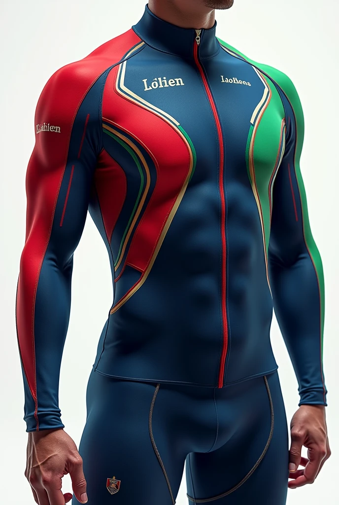 You can make a pentathlon uniform with the ESMIC colors red, blue and green, with style and lycra type Nooo, Darker and with a bit of stripes I like it, but give it a little more color I like it, Make it long sleeve lycra You can improve it, give me another style a little darker Umm improve the lines Umm. Q A little more irregular lines Put the participant's last name on the chest and on the back saying pentathlon