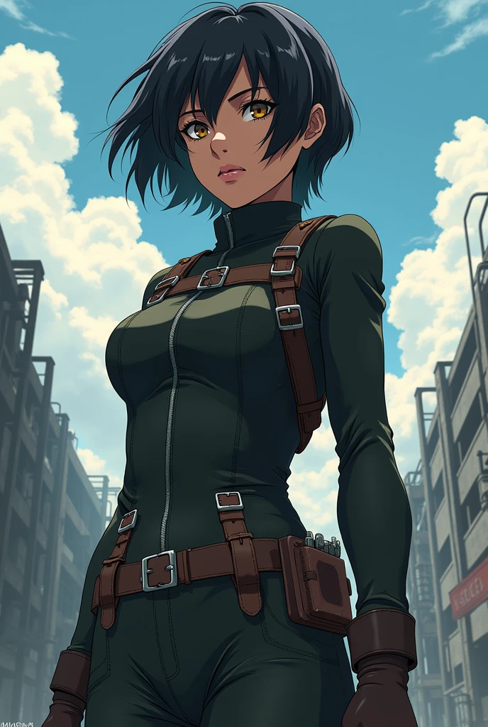 Create an image of an ideal woman for Levi Ackerman from &#39;Shingeki no Kyojin&#39;, taking into account their physical characteristics and personality. Women should be athletic, active and independent, like Levi. Your height should be approximately 1,60 m, with dark skin and short or shoulder-length hair, Wavy. Your face should be delicate, with hazel eyes.

For the outfit, uses exactly the uniform of the 104th squad of shingeki no kyojin, like Levi. Create a detailed and anime-like image, in the style of MAPPA in the anime &#39;Shingeki no Kyojin&#39;.