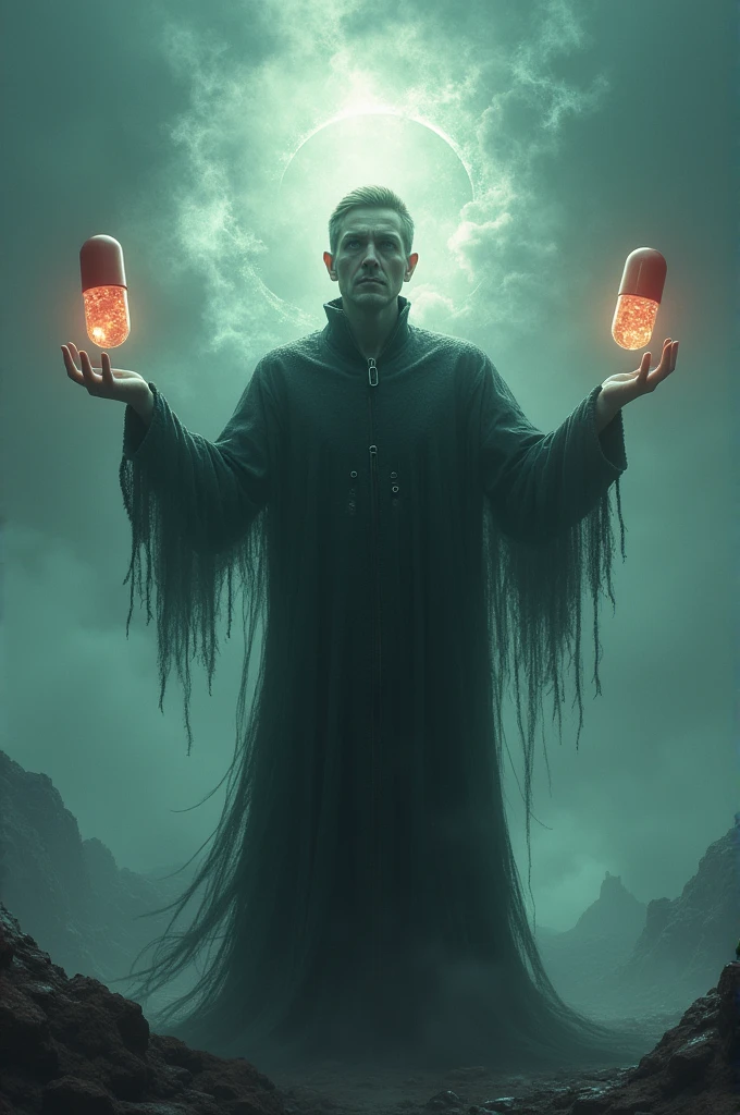 Create an image with size 9:16 of a character with arms stretched out to the sides with a Red pill in the left hand and a Blue pill in the right hand