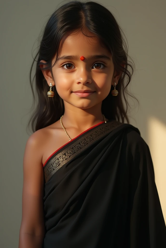 a beautiful young indian girl, 2, wearing a black saree, porcelain white skin, extremely detailed portrait, high quality, realistic, photorealistic, 8k, best quality, masterpiece, sharp focus, physically-based rendering, vivid colors, intricate details, elegant pose, serene expression, soft lighting, warm color tones