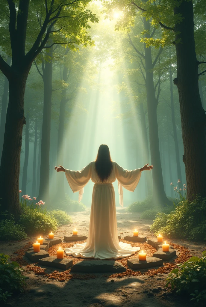 A figure stands in the center of a ritualistic circle made of stones and candles, in a clearing surrounded by tall and serene trees during dusk. The scenery blends natural and spiritual elements: Beams of light pierce through the treetops, Creating a mystical effect. The figure stands with open arms in a gesture of acceptance, with spiritual symbols and scattered flowers around. The environment reflects a transition of phases, With fallen leaves and new flowers emerging, suggesting renewal and connection with nature and spirituality.