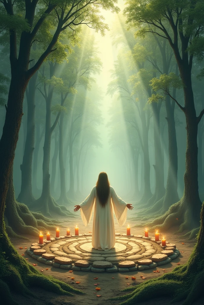 A figure stands in the center of a ritualistic circle made of stones and candles, in a clearing surrounded by tall and serene trees during dusk. The scenery blends natural and spiritual elements: Beams of light pierce through the treetops, Creating a mystical effect. The figure stands with open arms in a gesture of acceptance, with spiritual symbols and scattered flowers around. The environment reflects a transition of phases, With fallen leaves and new flowers emerging, suggesting renewal and connection with nature and spirituality.