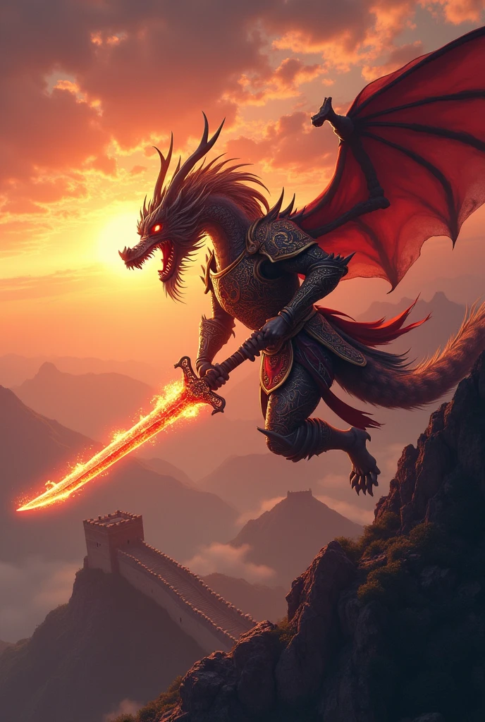 A Chinese dragon warrior wearing ornate armor and wielding a magical sword, flying over the Great Wall of China during a dramatic sunset