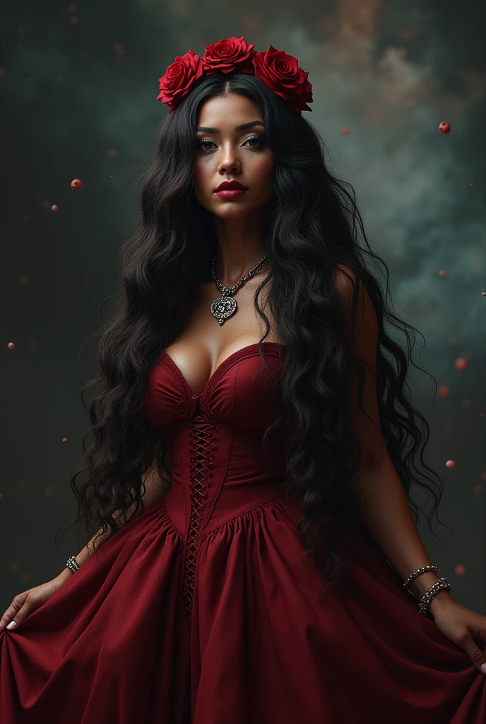 very very beautiful woman, Bullish, seducing gaze, dark red dress, mature woman, very curly hair, very long hair, black light skin, ssmile, white teeth, bare feet, middle-age, Pombagira, witch, enchantress, necklase, bracelet, puffy dress, vestido de Queen, rose on head, creepy background, magie, Queen, Cosmic