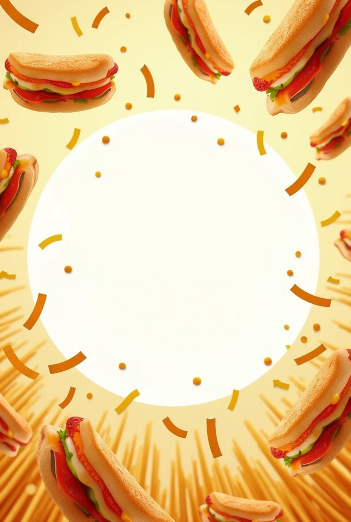 Create a picture in the middle there should be space for a logo around the outside there should be fish sandwiches with fries flying around