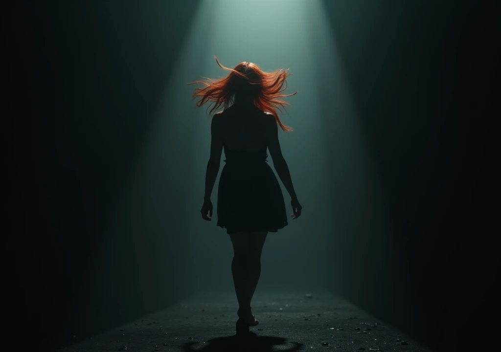 Mulher ruiva fugindo dos ecos standing backwards correndo nas trevas com medo,standing backwards