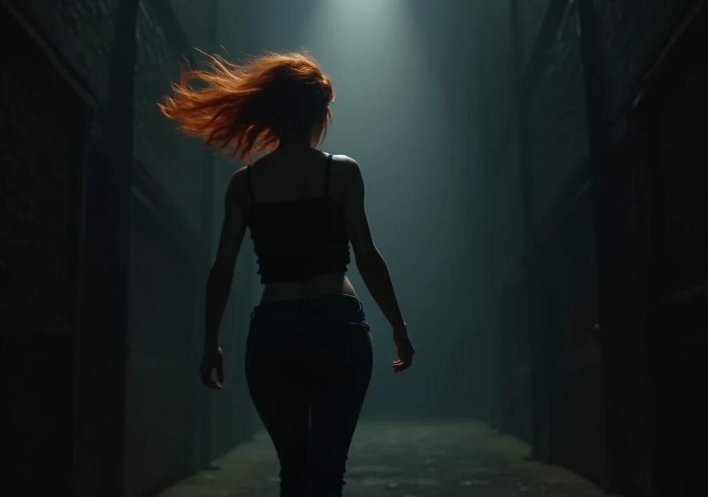 Mulher ruiva fugindo dos ecos standing backwards correndo nas trevas com medo,standing backwards