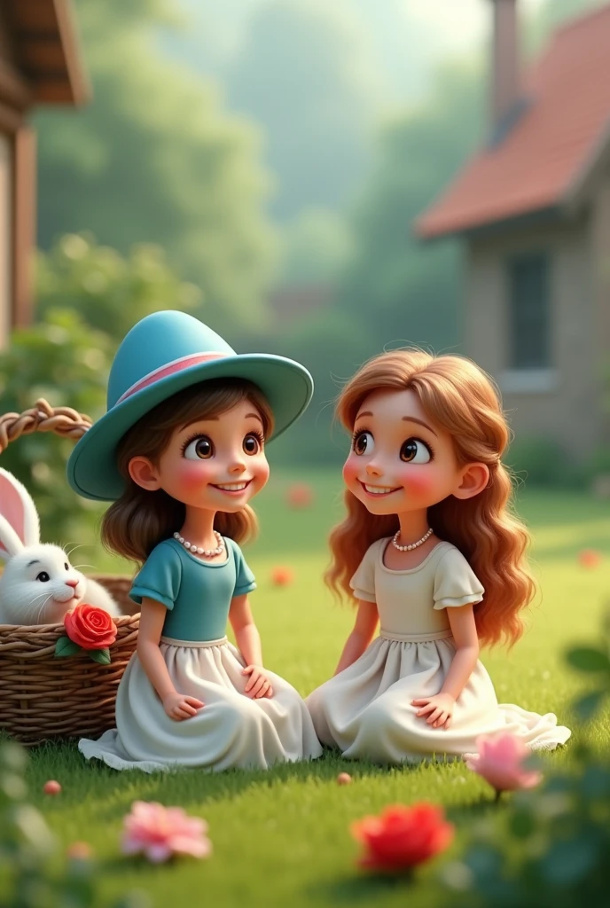 a girl Indian blue hat, and a girl
With a very smiling and happy lip
With an old basket with a white rabbit in it
With a white princess dress and
Style 3D
A pearl necklace with a red rose in the yard