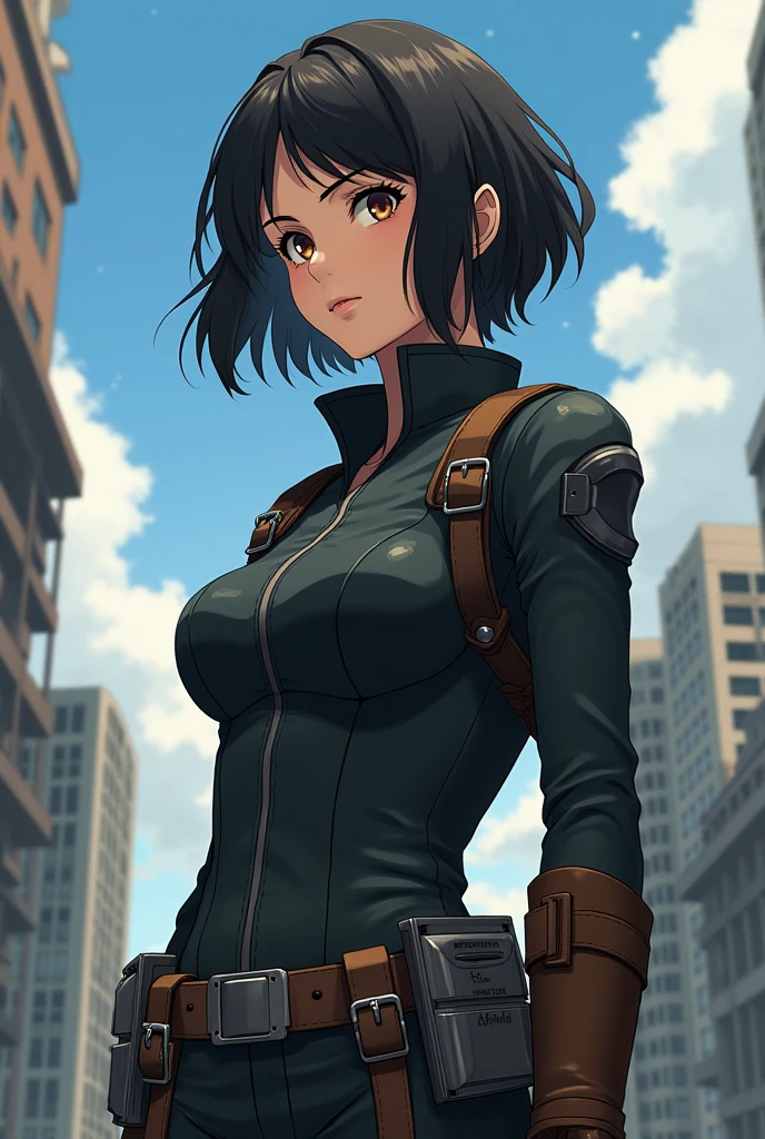 Create an image of an ideal woman for Levi Ackerman from &#39;Shingeki no Kyojin&#39;, taking into account their physical characteristics and personality. Women should be athletic, active and independent, like Levi. Your height should be approximately 1,60 m, with dark skin and short or shoulder-length hair, Wavy. Your face should be delicate, with hazel eyes.

For the outfit, uses exactly the uniform of the 104th squad of shingeki no kyojin, like Levi. Create a detailed and anime-like image, in the style of MAPPA in the anime &#39;Shingeki no Kyojin&#39;.