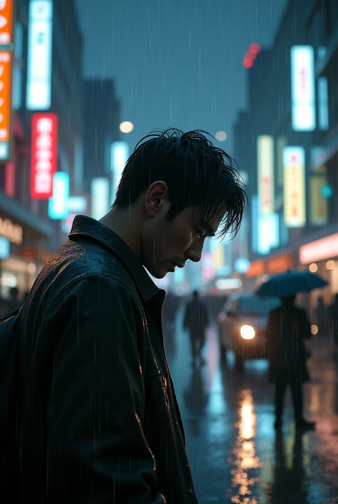 Man crying while walking on a rainy street at night in Tokyo with many people
