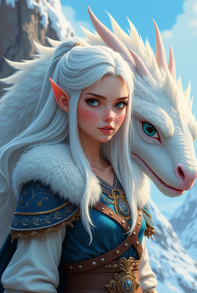 How To Train Your Dragon inspired, cartoon, adult girl, white long hair, blue eyes, viking, with white dragon 