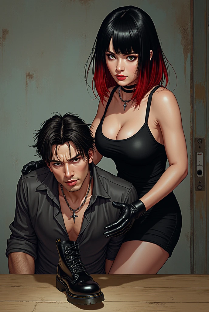 make me a comic with a dominant girl with black shoulder-length hair with red streaks, black fabric dress with straps and black Doc Martens boots, who pushes a guy against a table, the poor thing so that she holds him there and then kicks him
