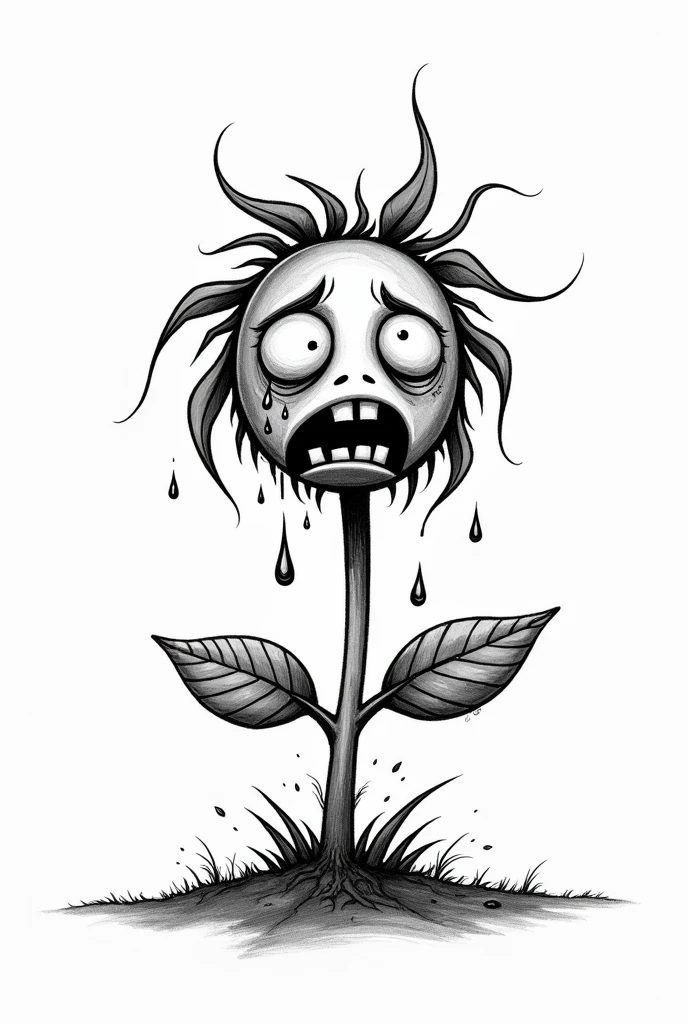 BLACK AND WHITE COMIC STYLE DRAWING OF A SICK PLANT, crying