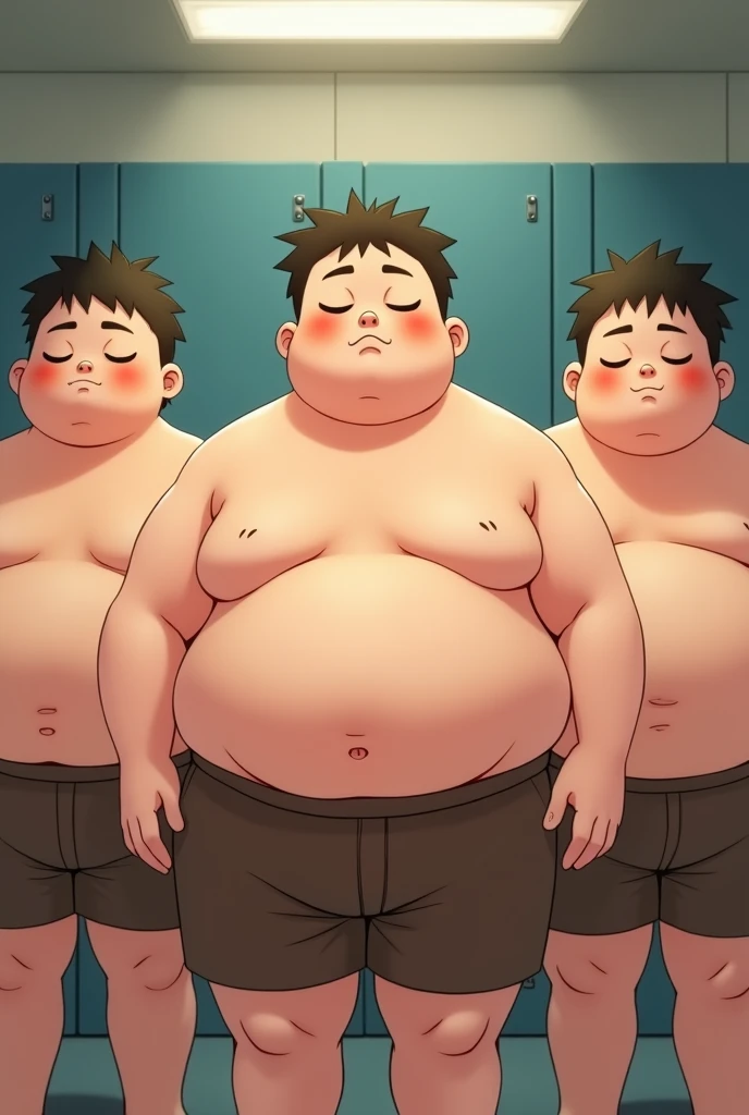 Japanese anime style, multiple male , 12 yese, shirtless, chubby, plump, brown shorts, (large paunches significantly hanging over the waistband), full blushed, standing in a changing room, sweating