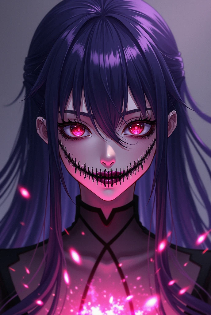 Woman Long purple hair Red pupils Black and white Mexican la Caterina make-up that looks like the mouth is sewn shut Glowing sparks in the foreground Anime style