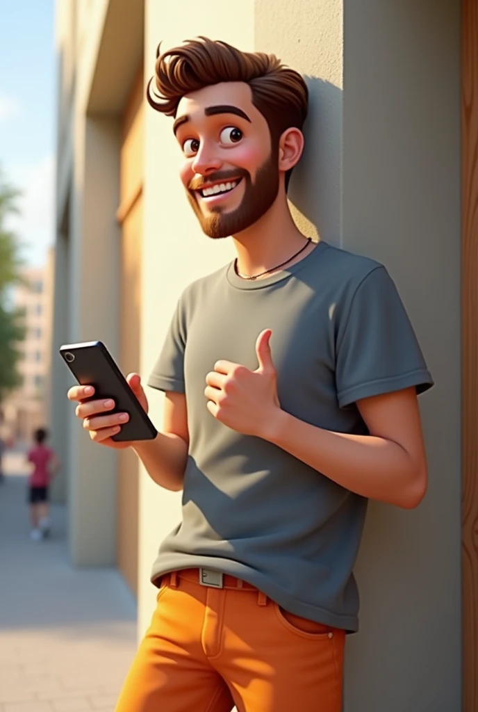 young man leaning to the right, showing his cell phone, Grey shirt, orange pants, and showing his thumb up